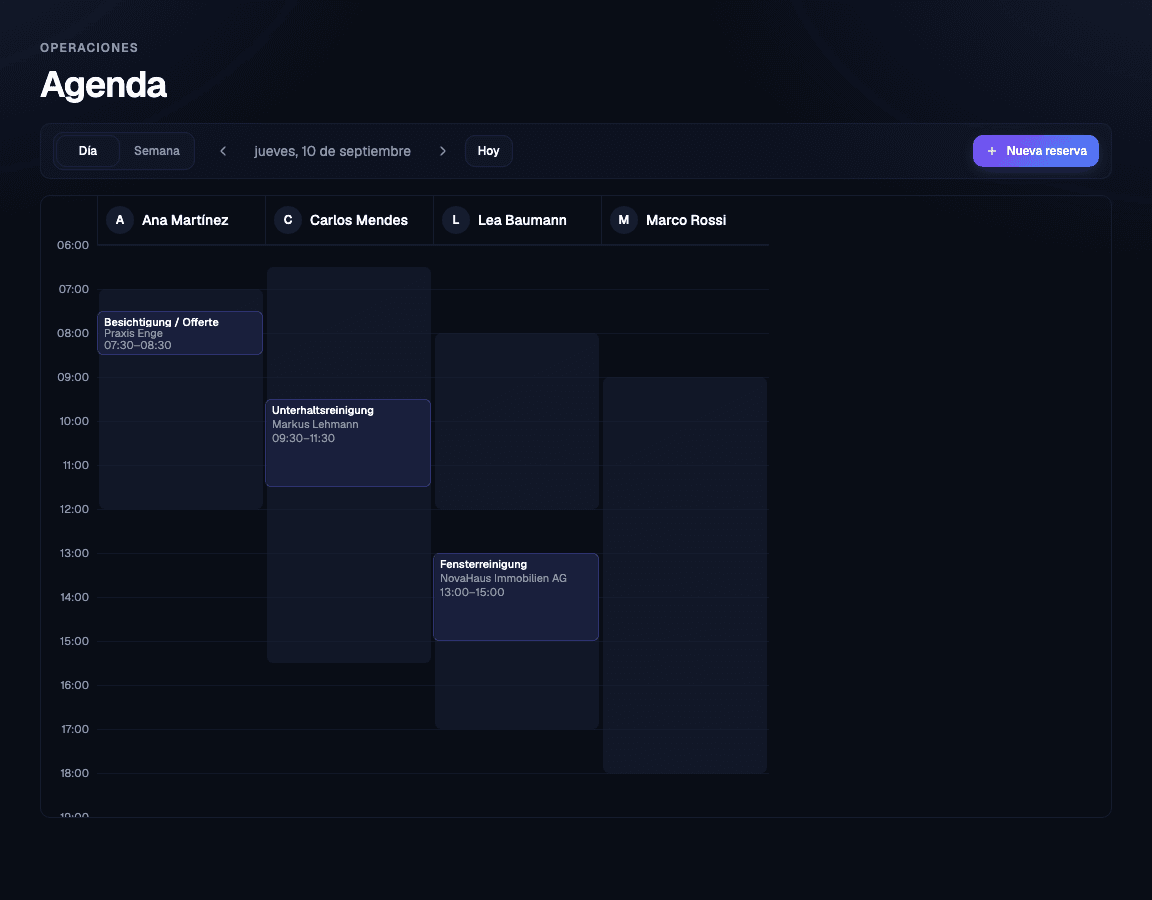 NUVRIK's Agenda Día view showing a team's bookings across a single day